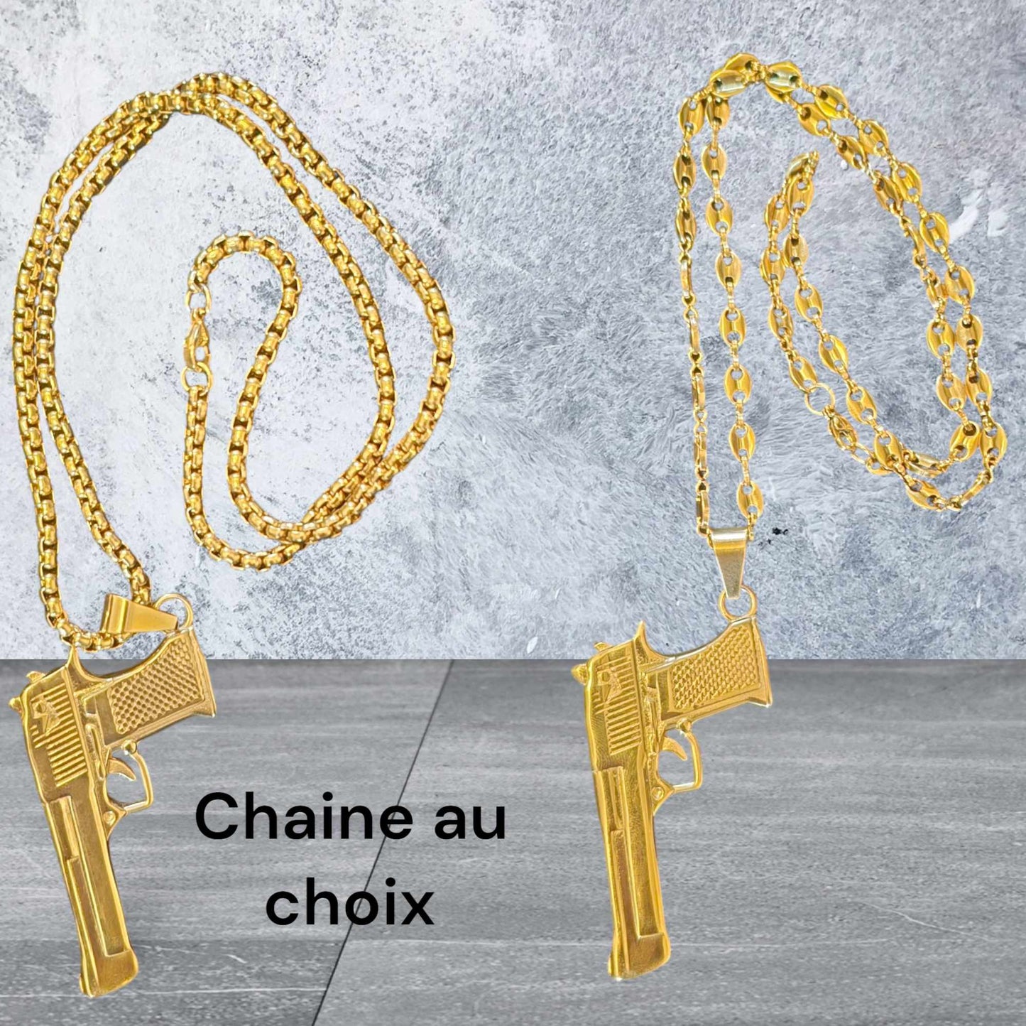 ensemble collier et pendentif pistolet gun