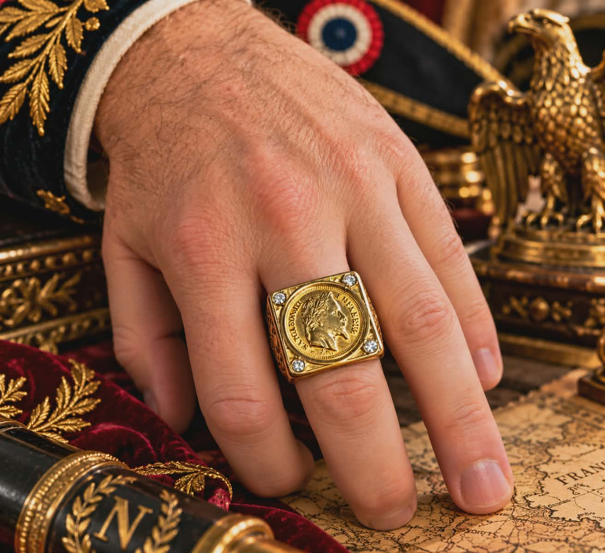 Très Grosse Chevalière Napoléon III et Strass blanc — Modèle Plein Ultra Imposant — plaqué Or Fin 18K