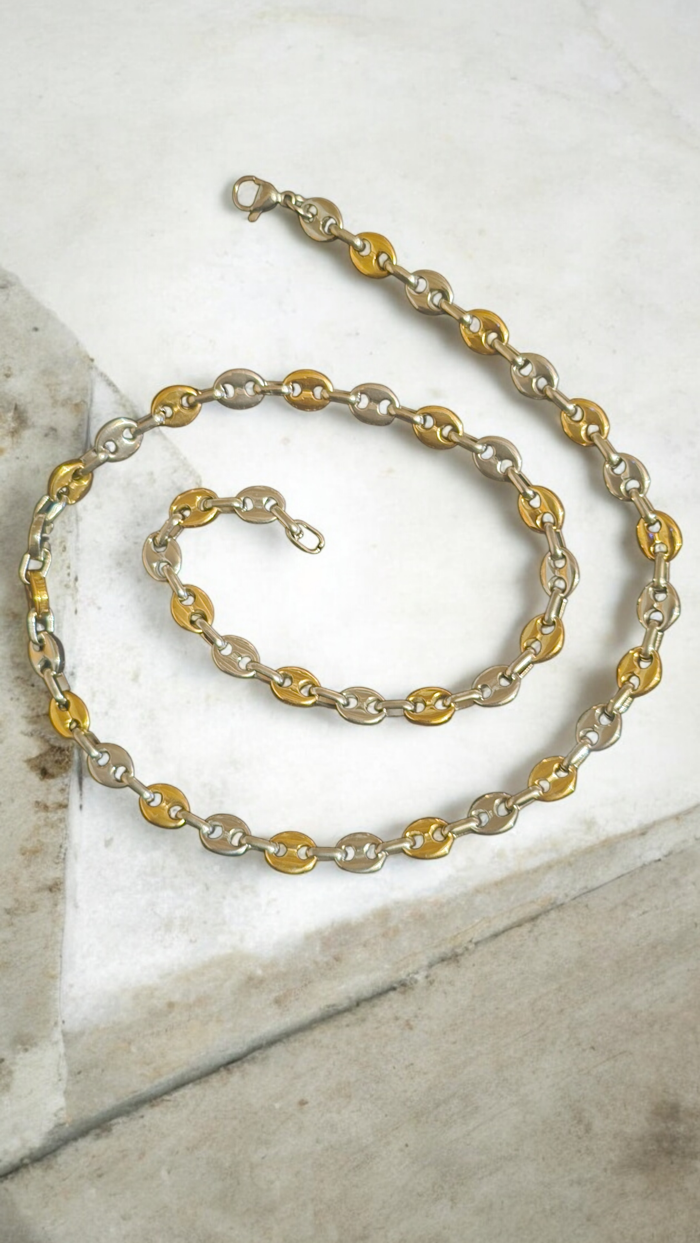 Collier grain de café argenté et d'oré 10 mm