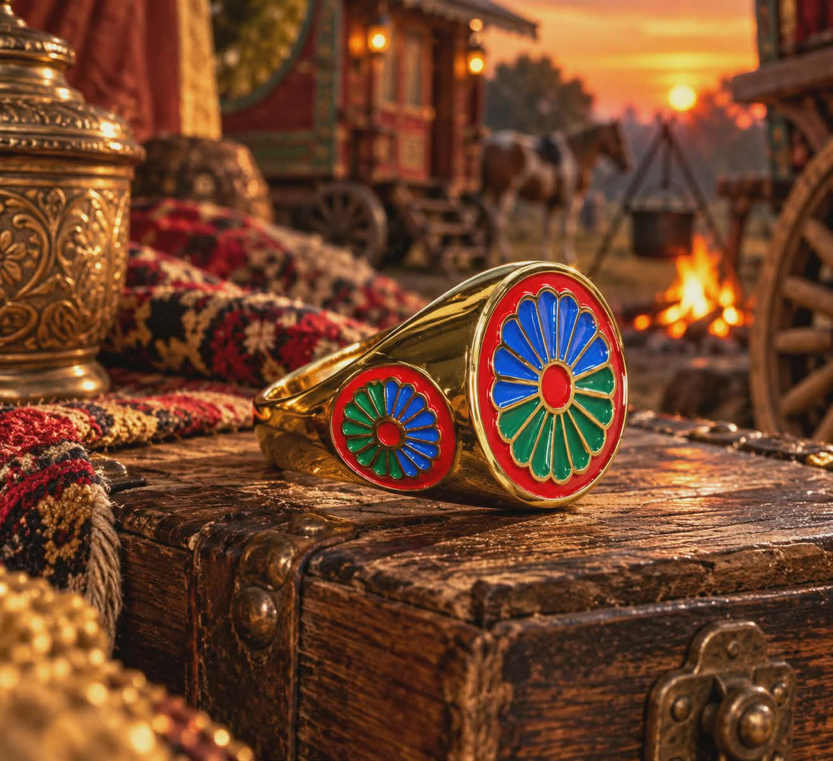 Chevalière Roue de Roulotte Voyageur Homme  et femme — Bague Pleine Acier Inoxydable & plaqué Or Fin 18K