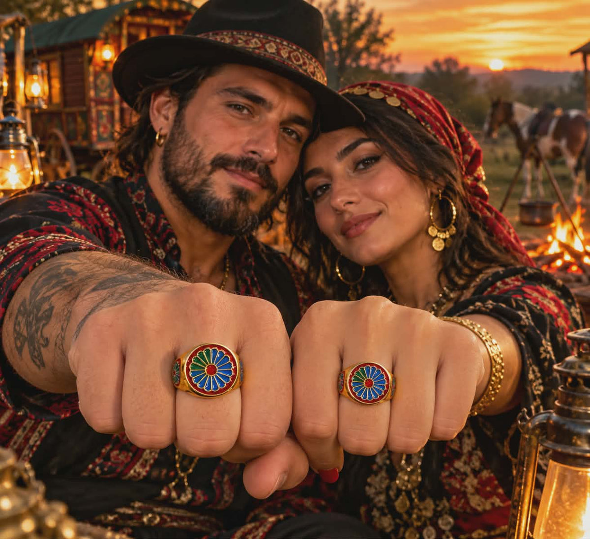 Chevalière Roue de Roulotte Voyageur Homme  et femme — Bague Pleine Acier Inoxydable & plaqué Or Fin 18K