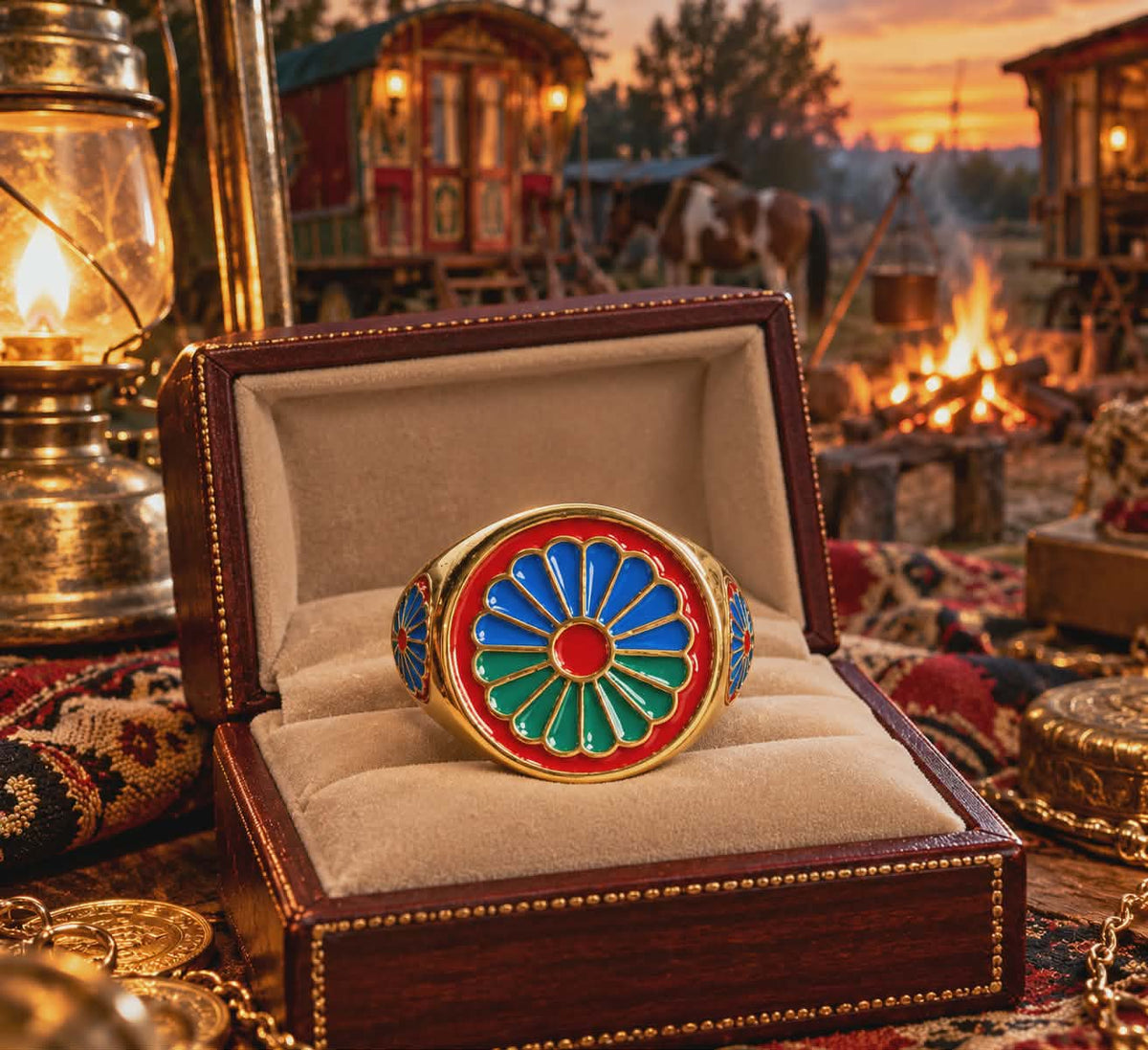 Chevalière Roue de Roulotte Voyageur Homme  et femme — Bague Pleine Acier Inoxydable & plaqué Or Fin 18K