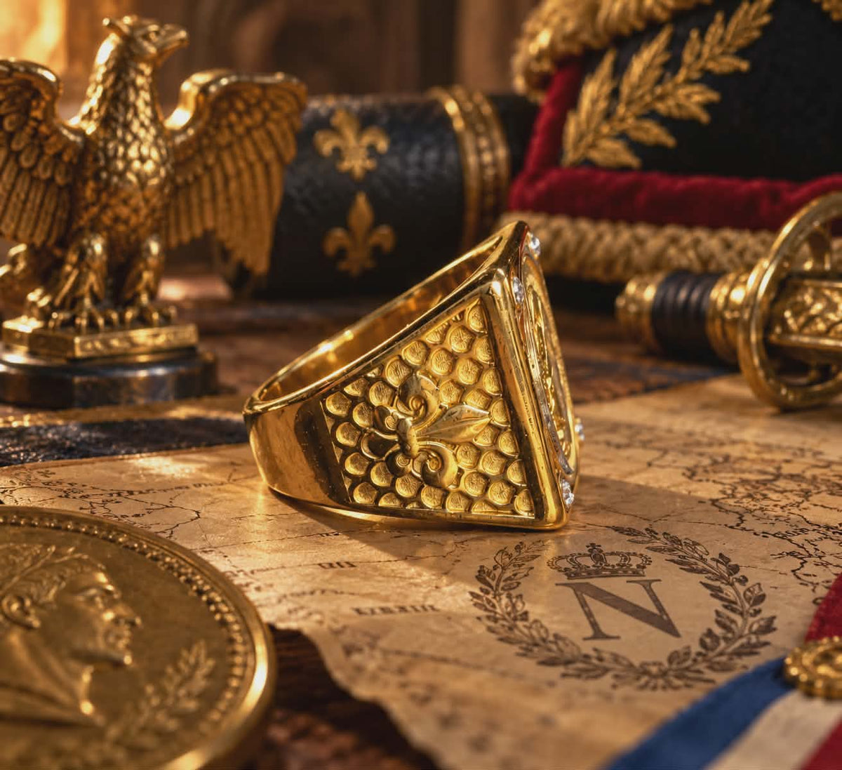 Très Grosse Chevalière Napoléon III et Strass blanc — Modèle Plein Ultra Imposant — plaqué Or Fin 18K