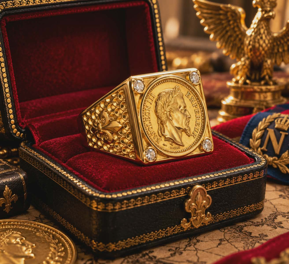 Très Grosse Chevalière Napoléon III et Strass blanc — Modèle Plein Ultra Imposant — plaqué Or Fin 18K