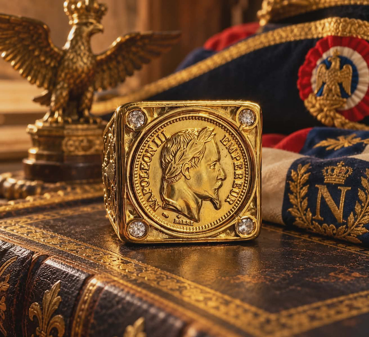 Très Grosse Chevalière Napoléon III et Strass blanc — Modèle Plein Ultra Imposant — plaqué Or Fin 18K