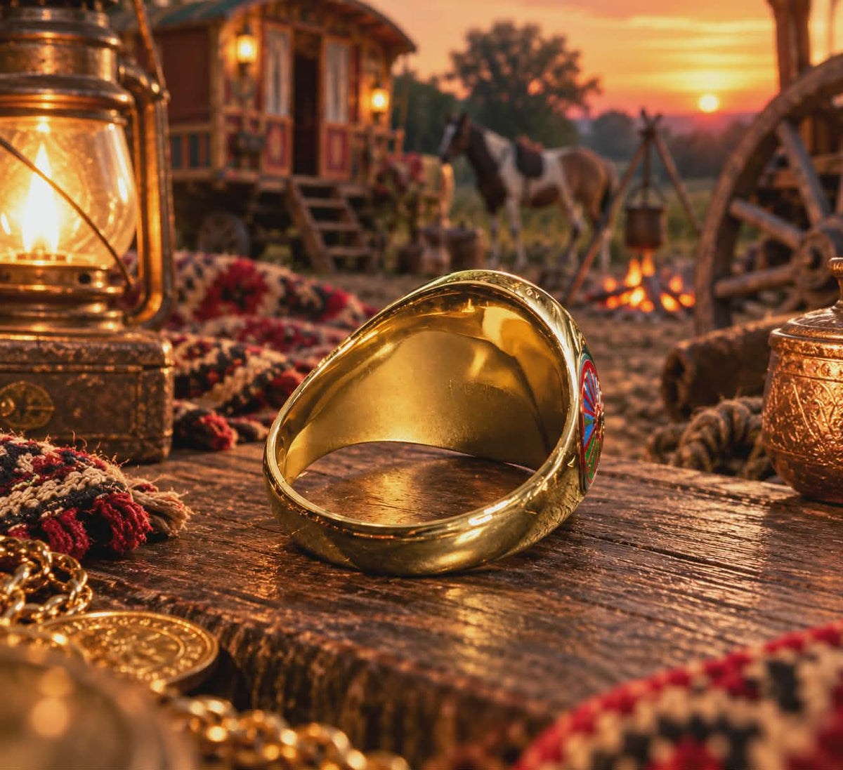 Chevalière Roue de Roulotte Voyageur Homme  et femme — Bague Pleine Acier Inoxydable & plaqué Or Fin 18K