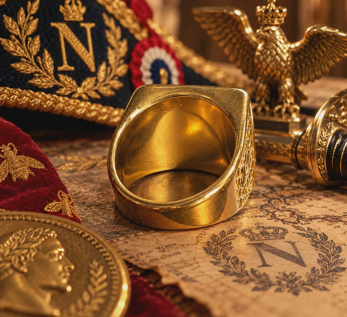 Très Grosse Chevalière Napoléon III et Strass blanc — Modèle Plein Ultra Imposant — plaqué Or Fin 18K