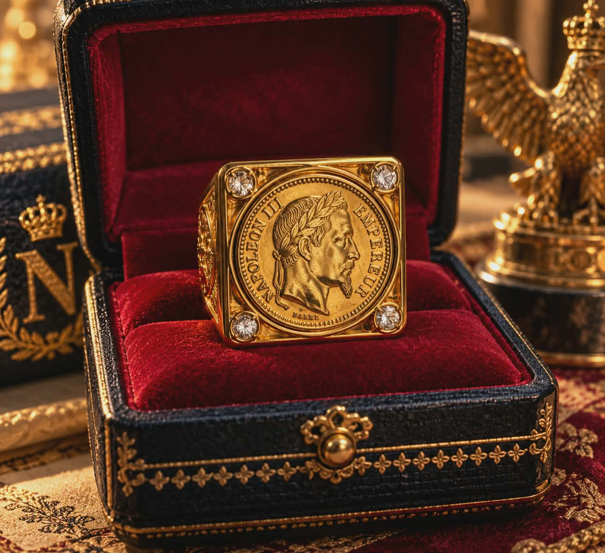 Très Grosse Chevalière Napoléon III et Strass blanc — Modèle Plein Ultra Imposant — plaqué Or Fin 18K