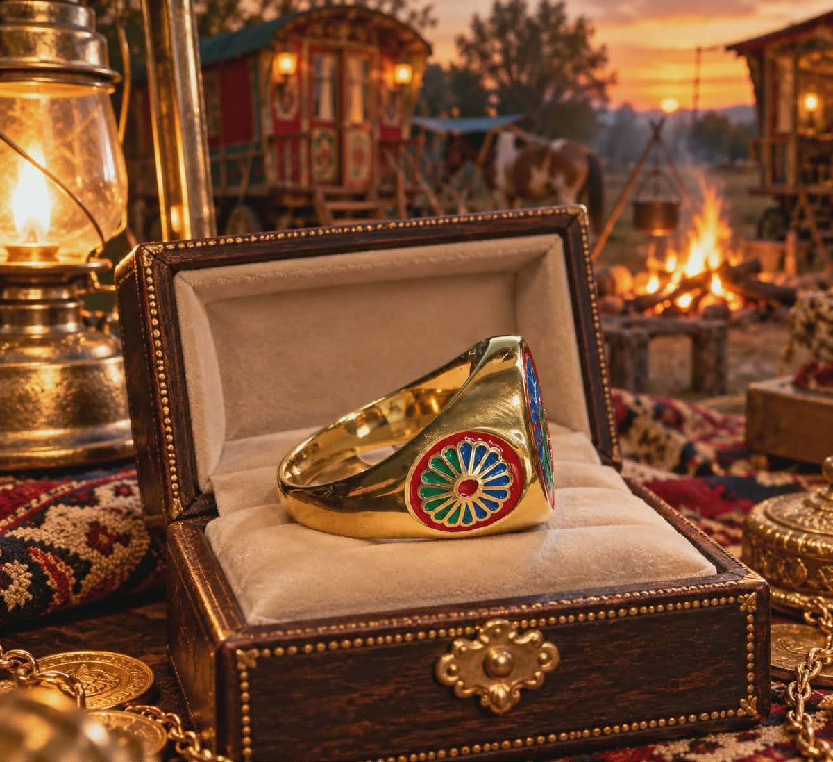 Chevalière Roue de Roulotte Voyageur Homme  et femme — Bague Pleine Acier Inoxydable & plaqué Or Fin 18K