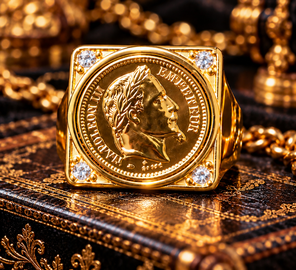 Très Grosse Chevalière Napoléon III et Strass blanc — Modèle Plein Ultra Imposant — Or Fin 18K