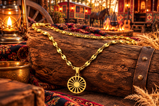Chaine et pendentif roue roulotte voyageur
