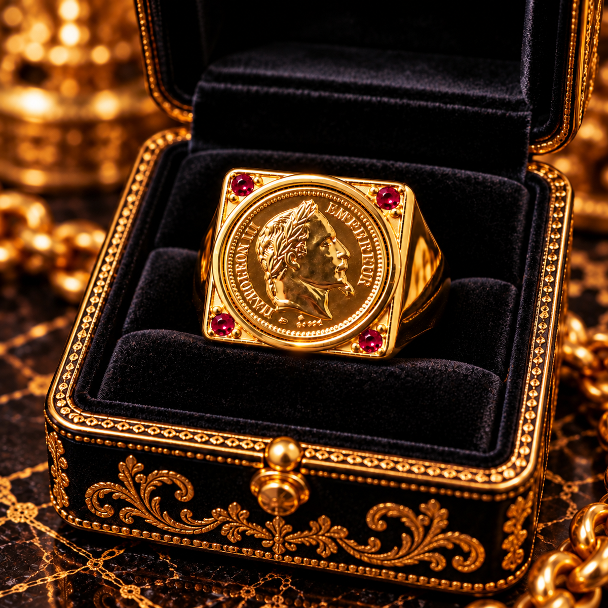 Très Grosse Chevalière Napoléon III et Strass Rouges — Modèle Plein Ultra Imposant — Or Fin 18K