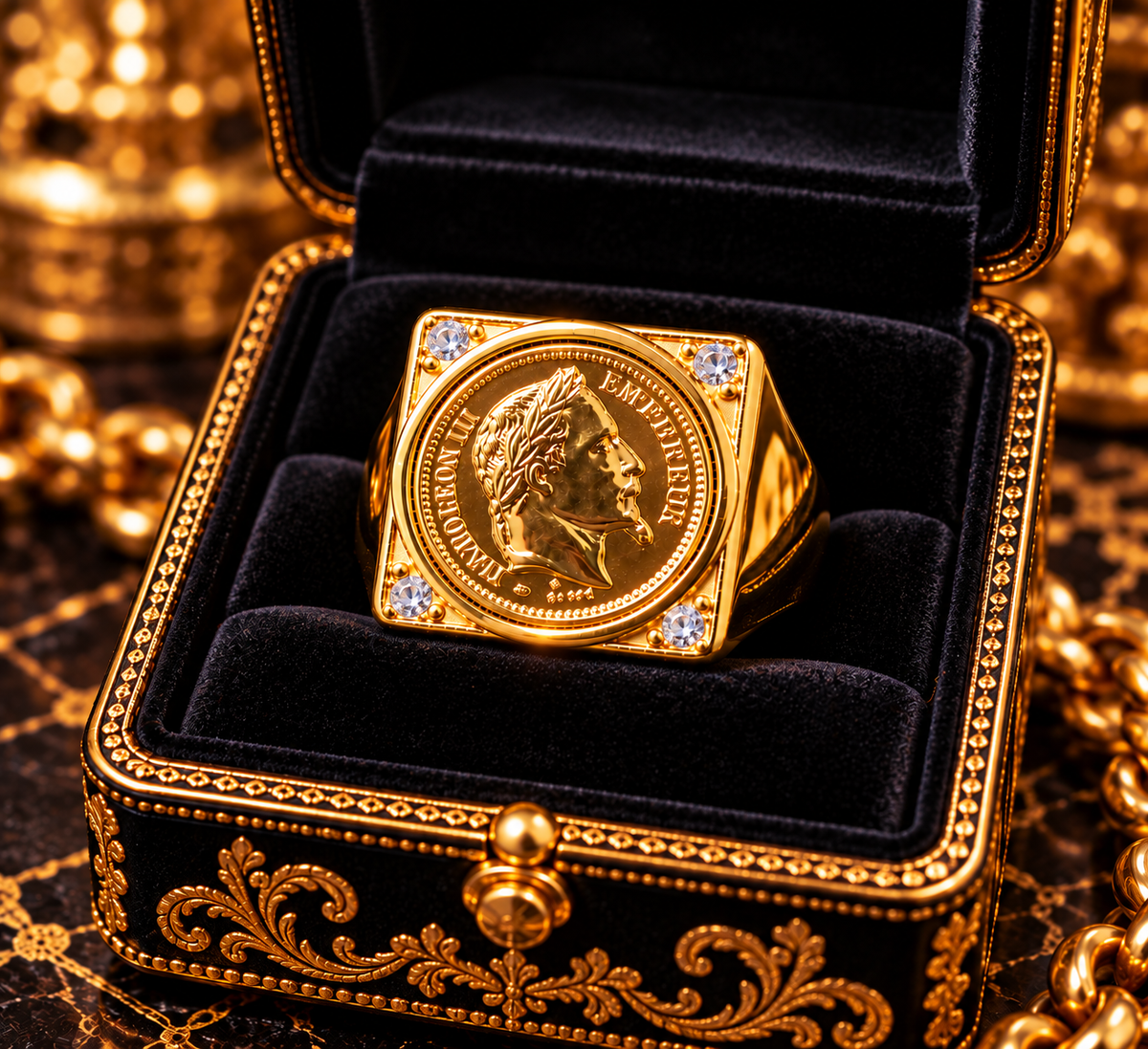 Très Grosse Chevalière Napoléon III et Strass blanc — Modèle Plein Ultra Imposant — Or Fin 18K