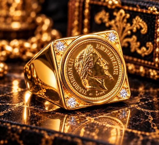 Très Grosse Chevalière Napoléon III et Strass blanc — Modèle Plein Ultra Imposant — Or Fin 18K