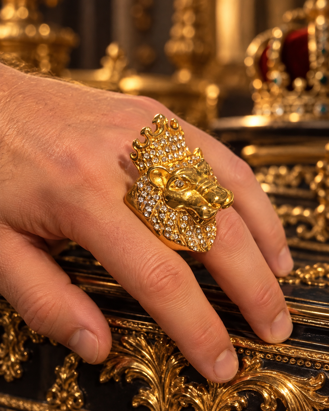 Bague Lion Couronné XXL Dorée – Acier Inoxydable 316L – Modèle Massif