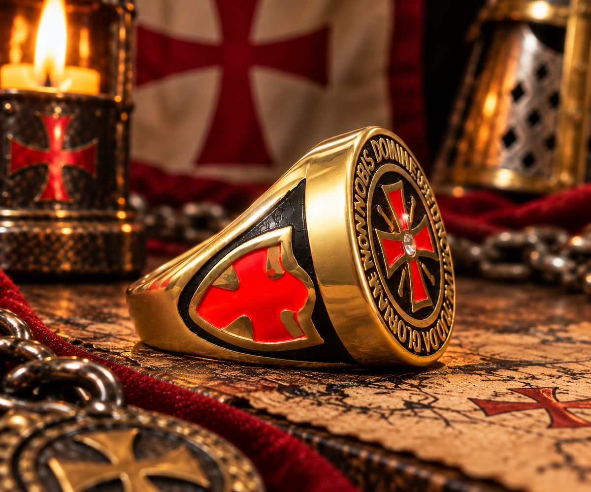 Bague Templier Croix Rouge Dorée – Acier Inoxydabl