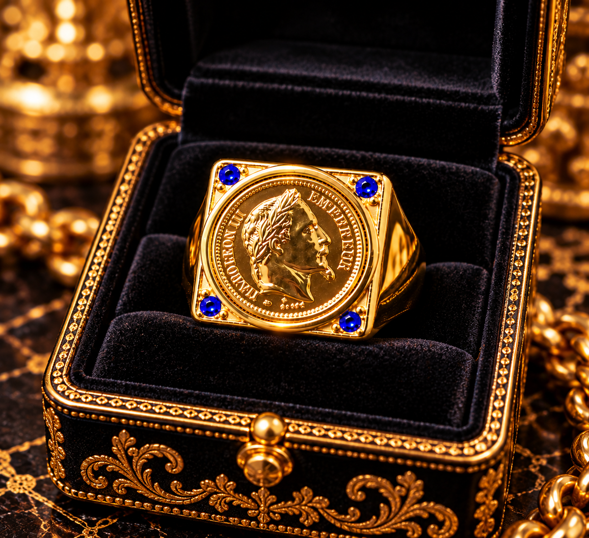 Très Grosse Chevalière Napoléon III et Strass bleu — Modèle Plein Ultra Imposant — Or Fin 18K