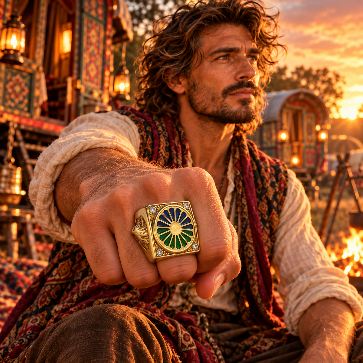 Chevalière Roue de Roulotte Voyageur Homme — Bague Pleine Acier Inoxydable & Or Fin 18K