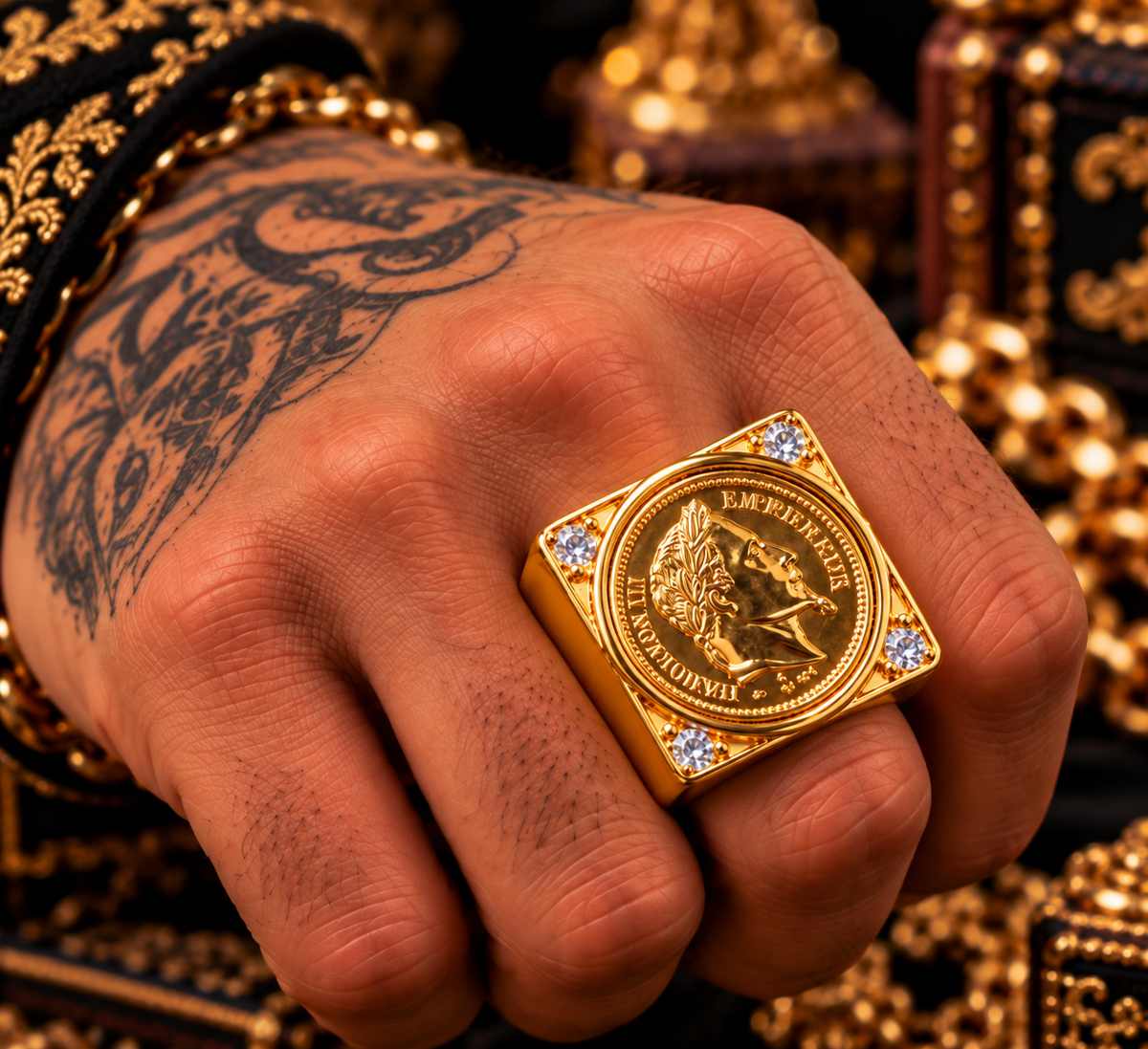 Très Grosse Chevalière Napoléon III et Strass blanc — Modèle Plein Ultra Imposant — Or Fin 18K