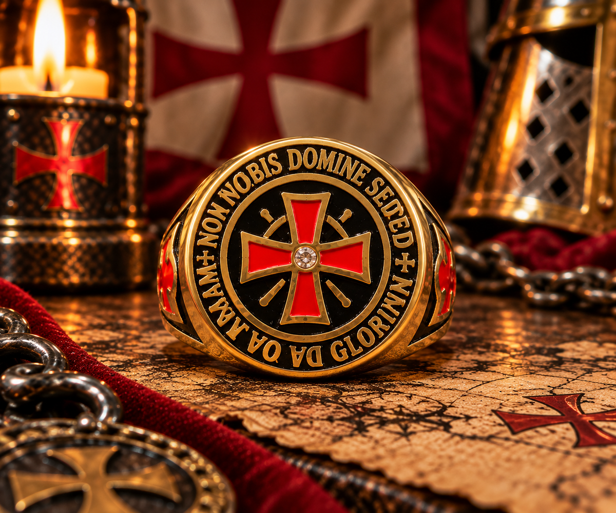 Bague Templier Croix Rouge Dorée – Acier Inoxydabl