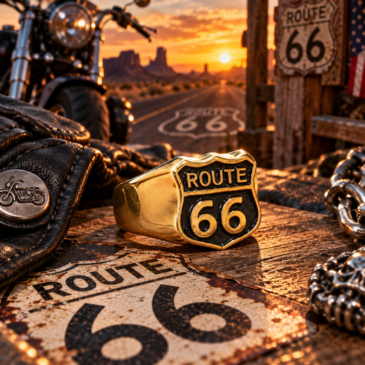 Bague Homme Route 66 Dorée – Chevalière Motard Biker en Acier Inoxydable