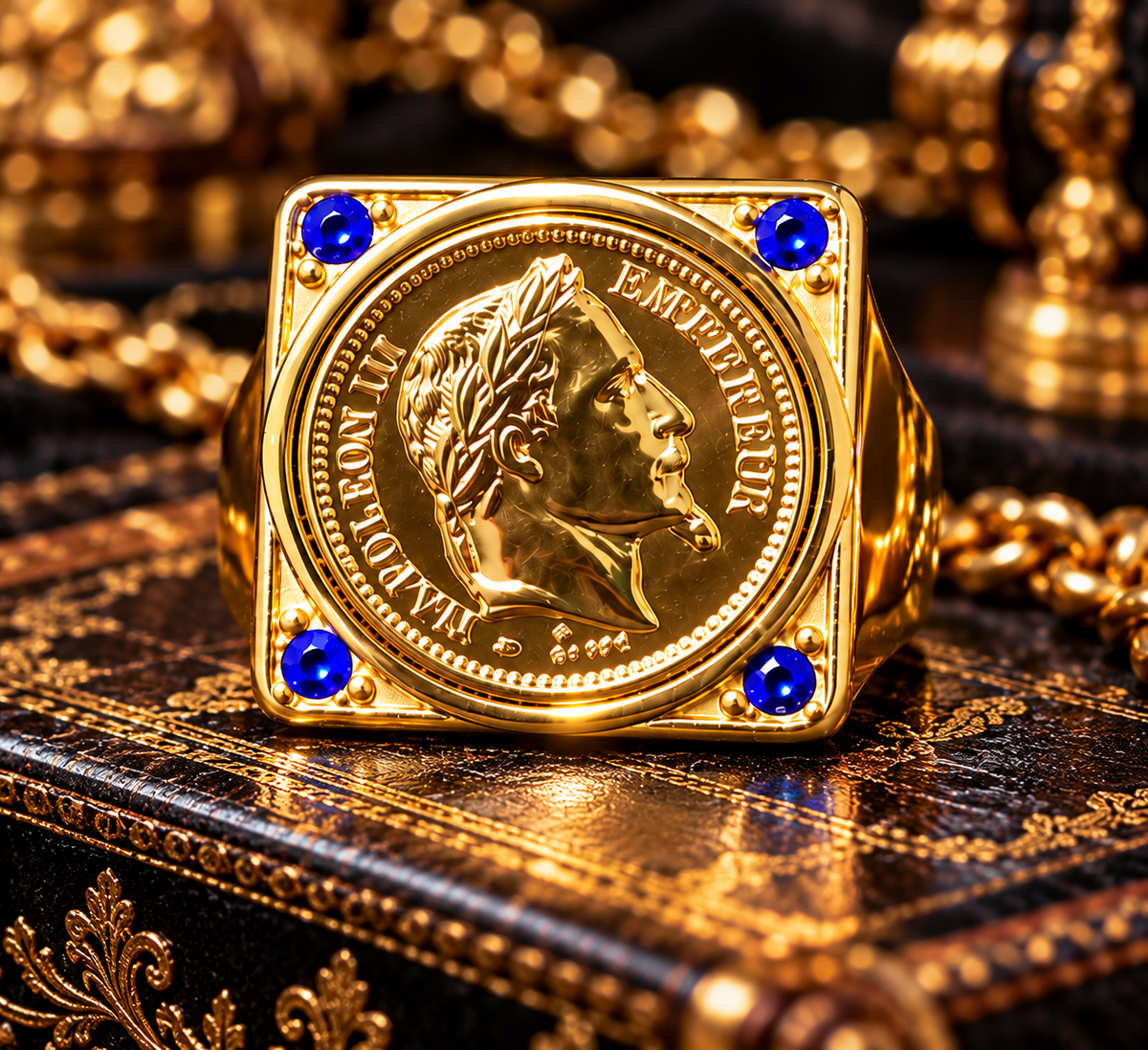 Très Grosse Chevalière Napoléon III et Strass bleu — Modèle Plein Ultra Imposant — Or Fin 18K