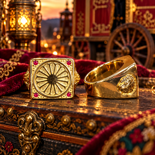 Chevalière Roue de Roulotte Voyageur Homme — Bague Pleine Acier Inoxydable & Or Fin 18K