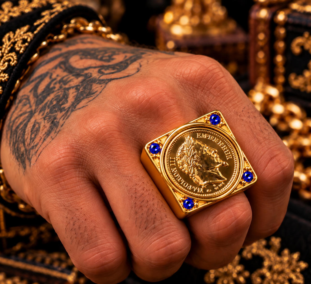 Très Grosse Chevalière Napoléon III et Strass bleu — Modèle Plein Ultra Imposant — Or Fin 18K