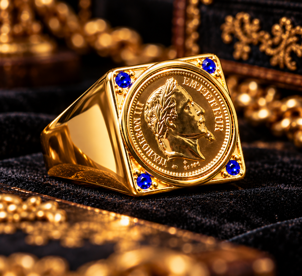 Très Grosse Chevalière Napoléon III et Strass bleu — Modèle Plein Ultra Imposant — Or Fin 18K