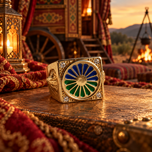 Chevalière Roue de Roulotte Voyageur Homme — Bague Pleine Acier Inoxydable & Or Fin 18K