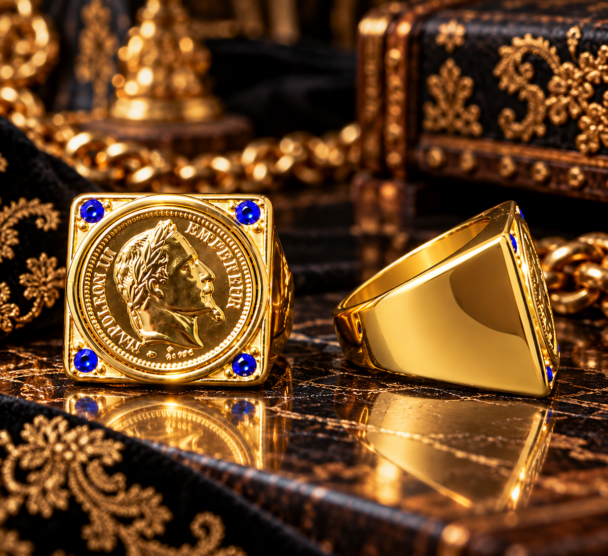 Très Grosse Chevalière Napoléon III et Strass bleu — Modèle Plein Ultra Imposant — Or Fin 18K