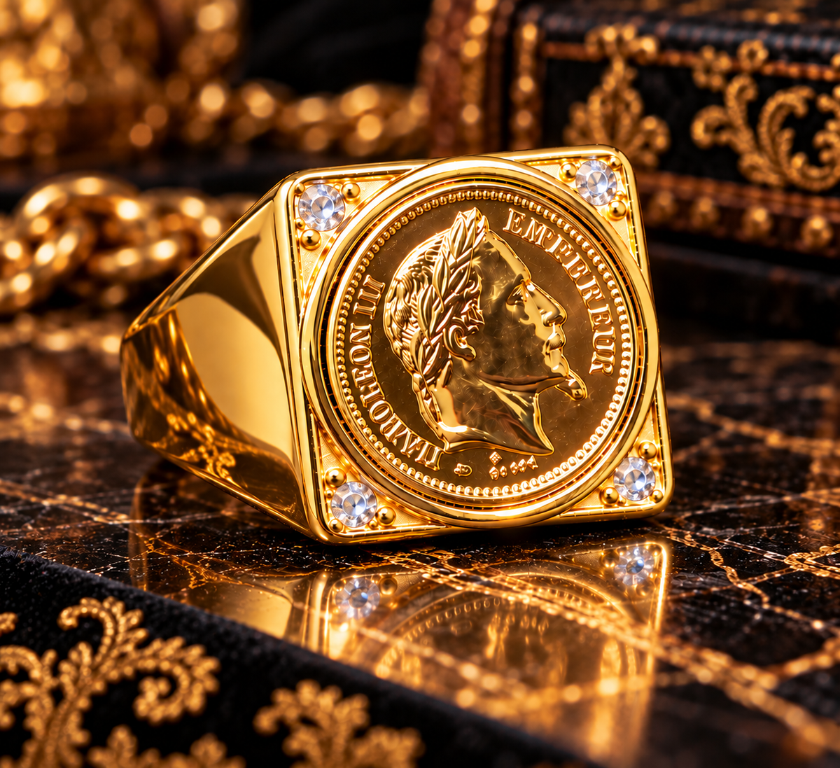 Très Grosse Chevalière Napoléon III et Strass blanc — Modèle Plein Ultra Imposant — Or Fin 18K