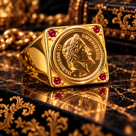 Très Grosse Chevalière Napoléon III et Strass Rouges — Modèle Plein Ultra Imposant — Or Fin 18K