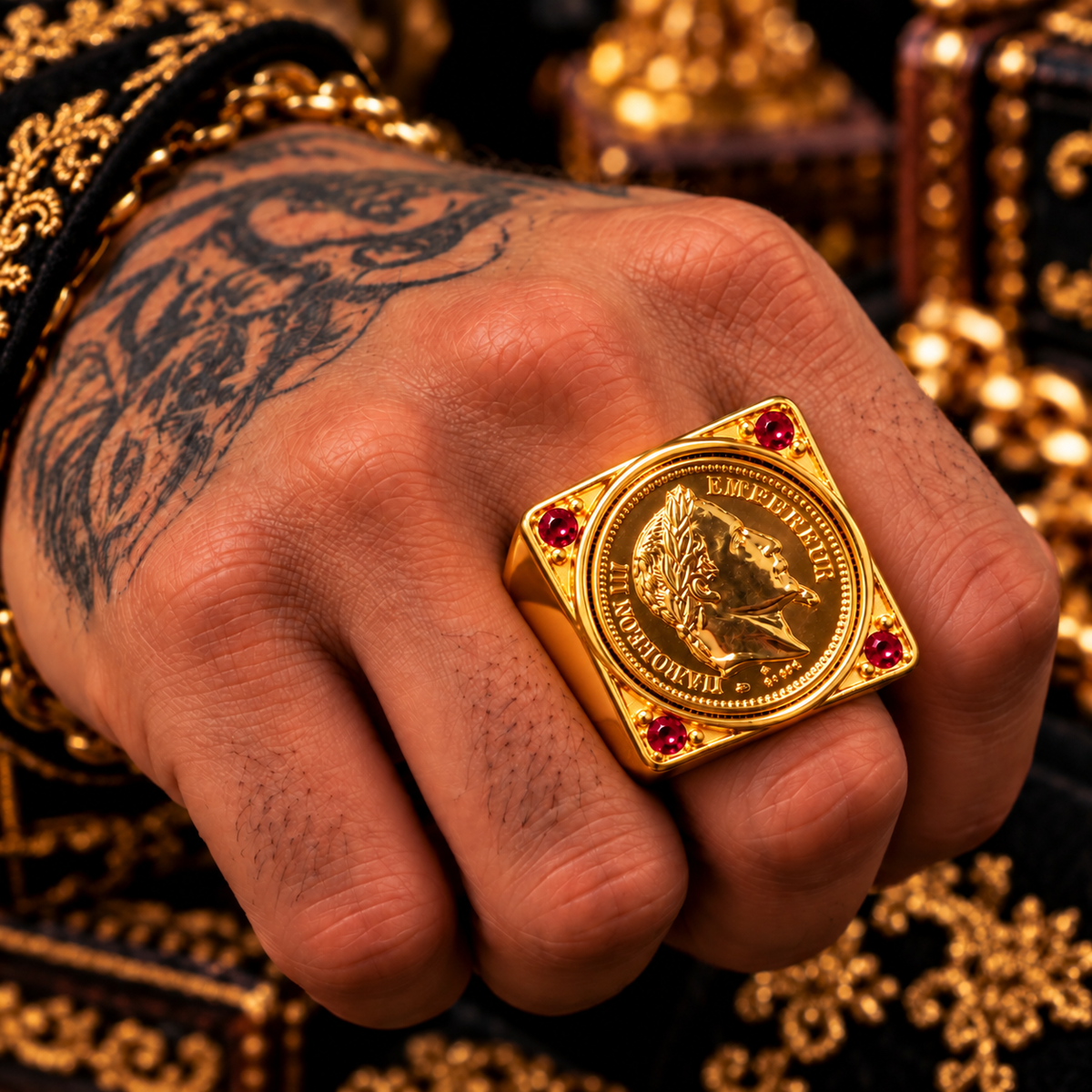 Très Grosse Chevalière Napoléon III et Strass Rouges — Modèle Plein Ultra Imposant — Or Fin 18K