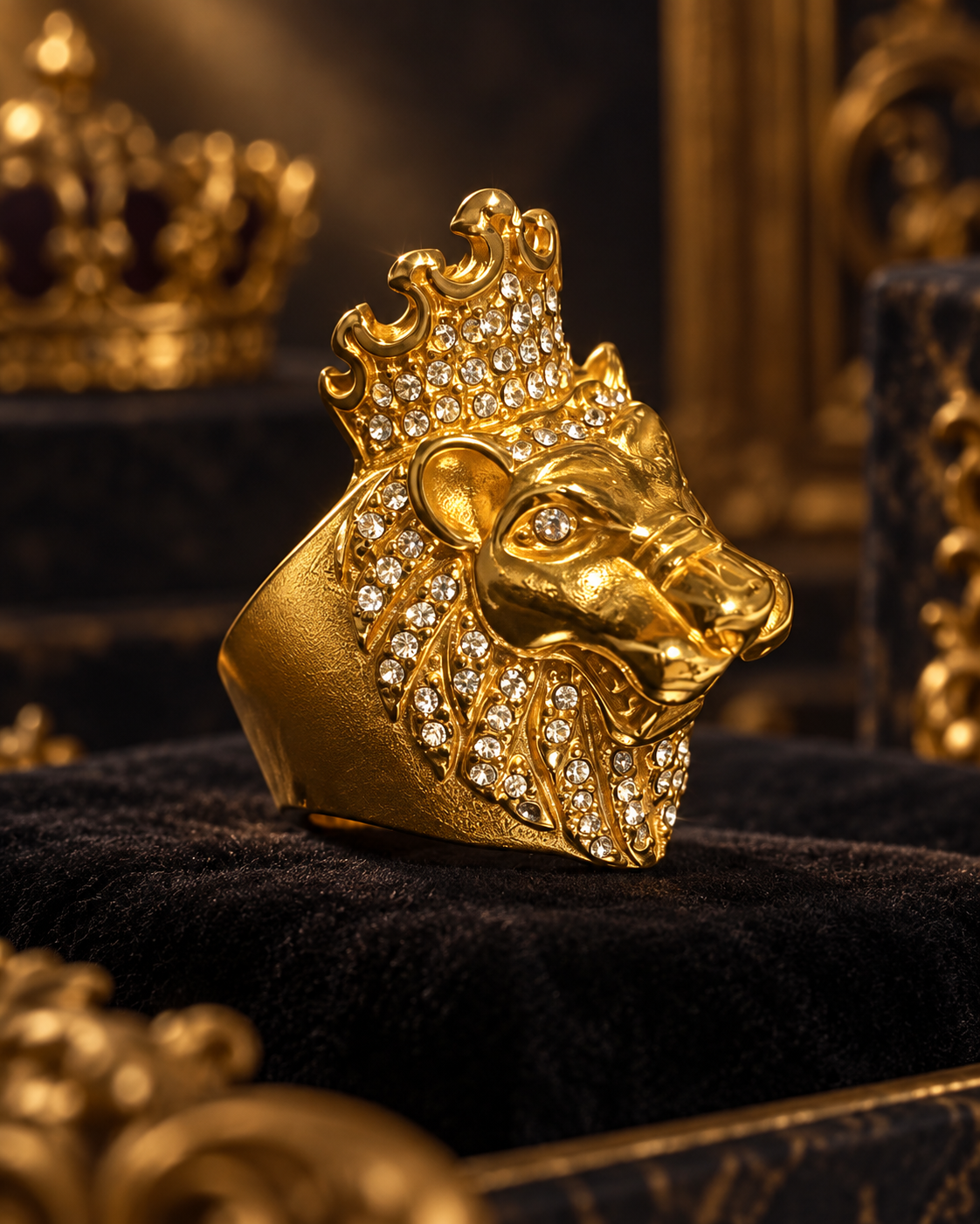 Bague Lion Couronné XXL Dorée – Acier Inoxydable 316L – Modèle Massif