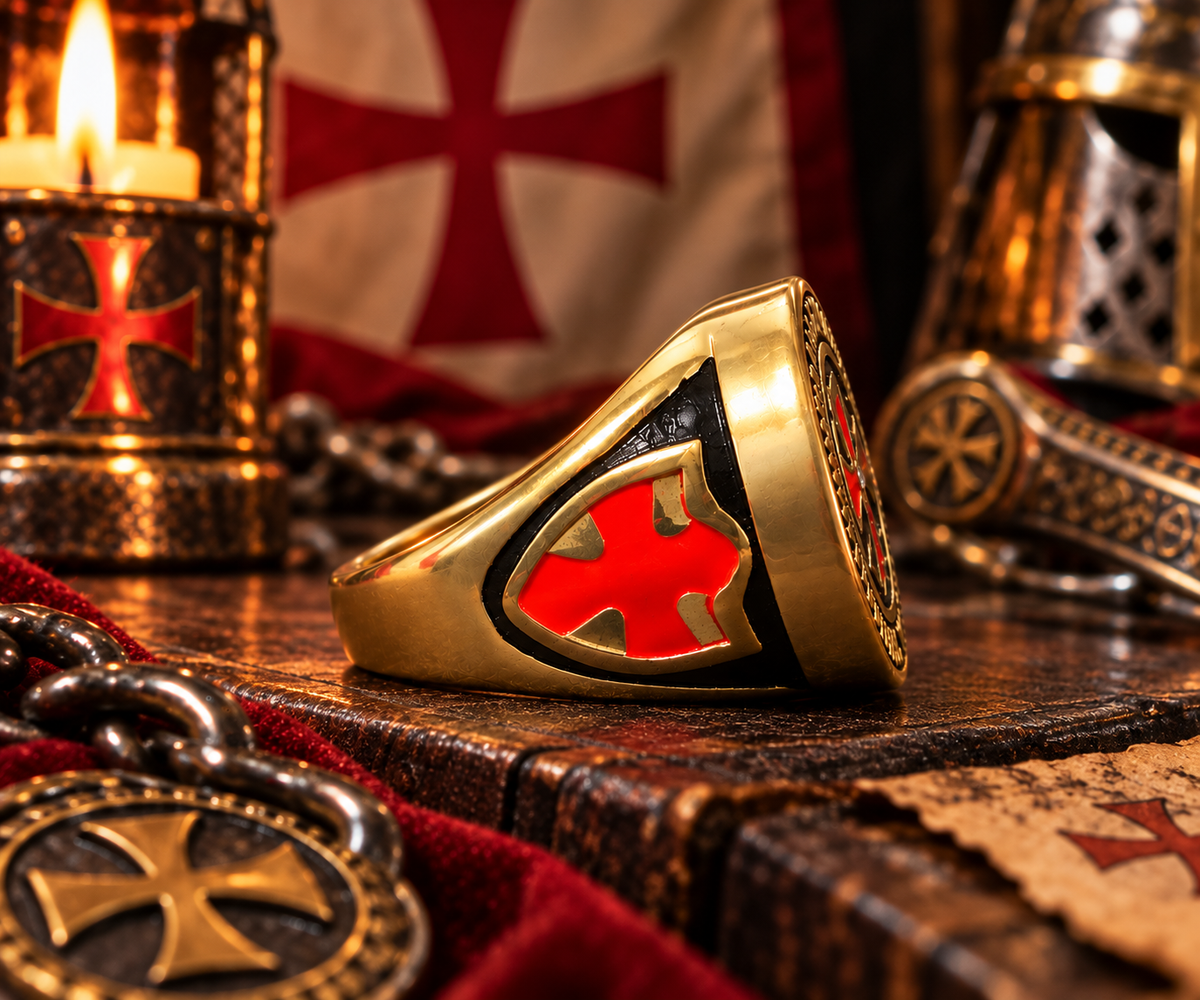 Bague Templier Croix Rouge Dorée – Acier Inoxydabl