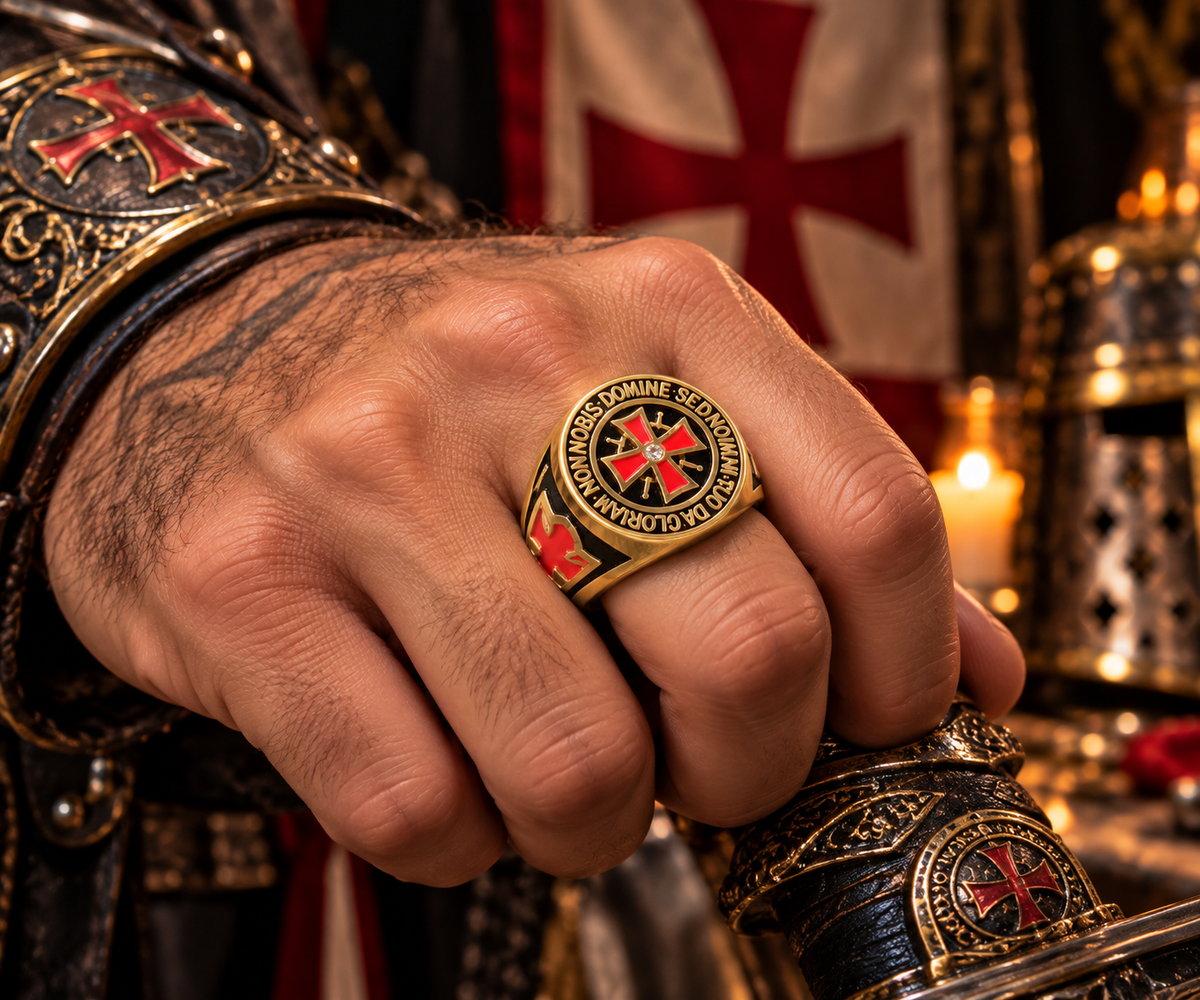 Bague Templier Croix Rouge Dorée – Acier Inoxydabl